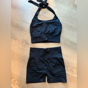 Black Halter Sports Bra and High-Waisted Bike Short Set Size M